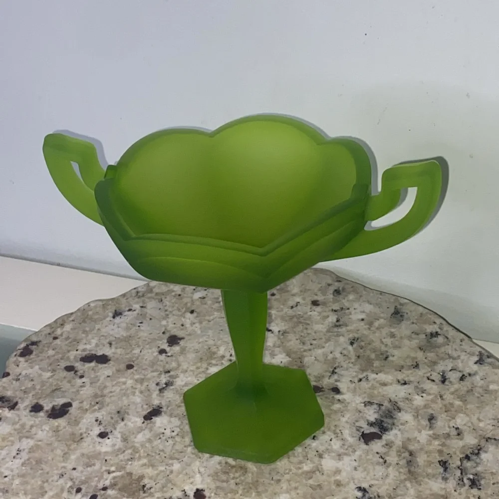 Vintage Westmoreland Avocado Green Satin Glass Pedestal Compote Candy Dish
